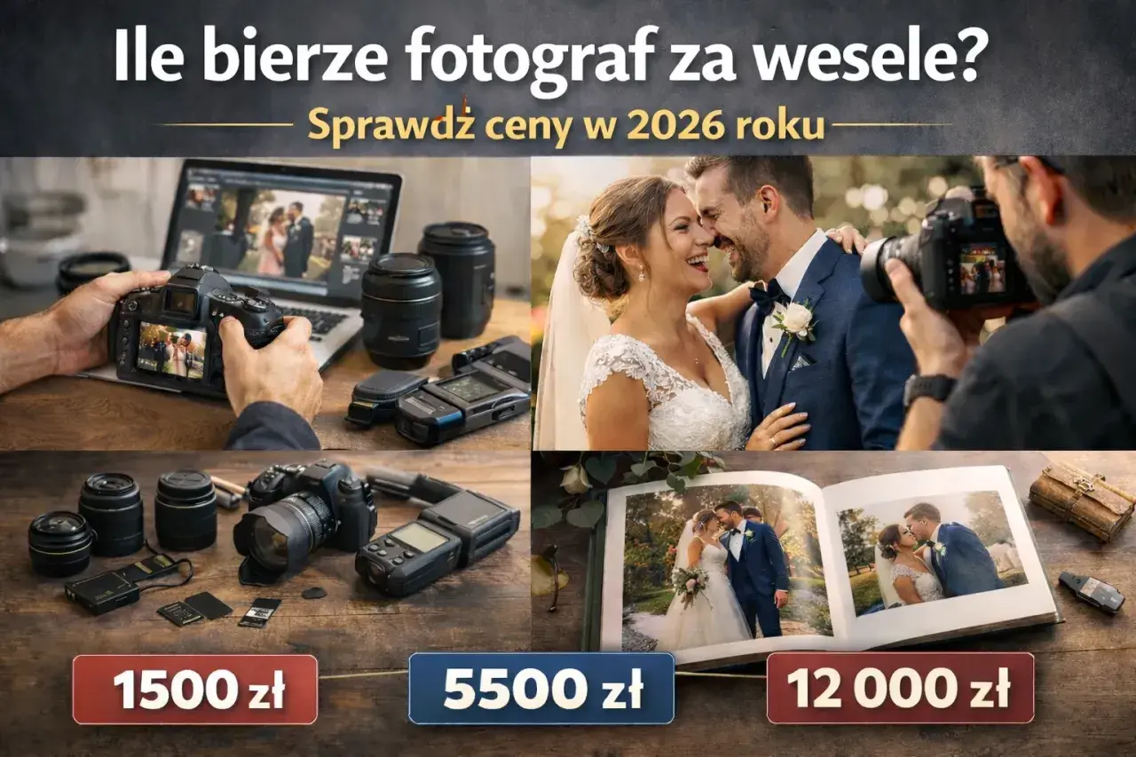 Zdjęcie przedstawia sprzęt fotograficzny, parę młodą i album ślubny z cenami.