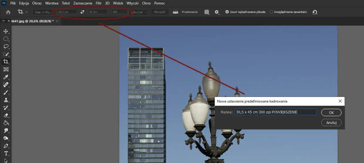 Narzędzie Kadrowanie Photoshop interfejs