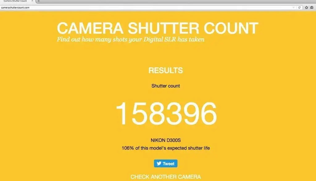 Zrzut ekranu z narzędzia online do sprawdzania przebiegu aparatu (np. camerashuttercount.com)