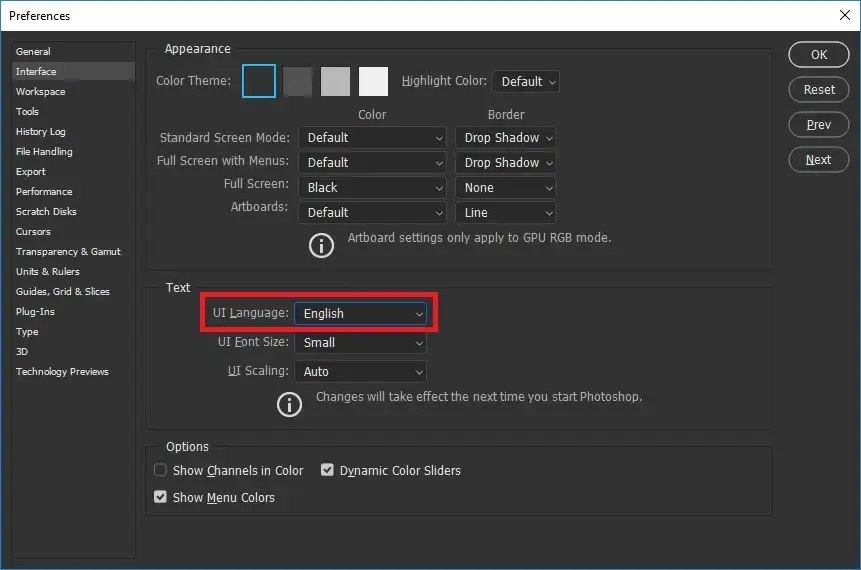 Photoshop preferencje interfejs język