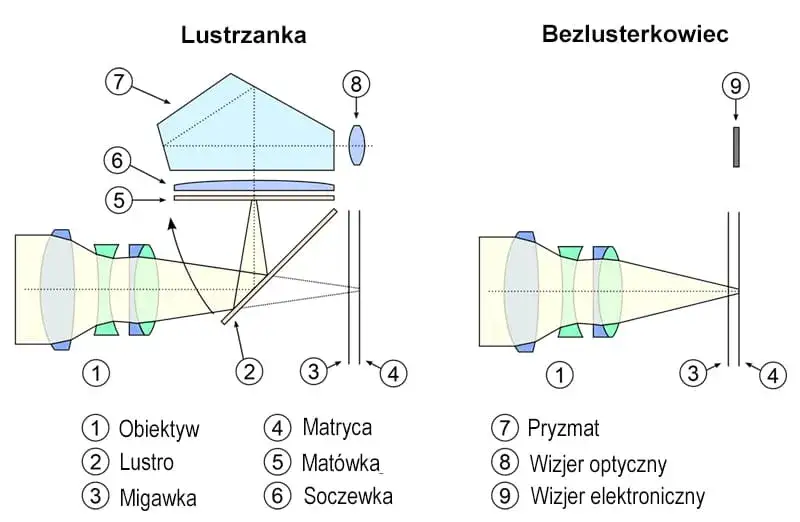 Schemat budowy lustrzanki i bezlusterkowca porównanie