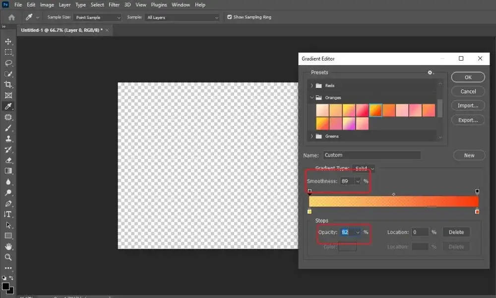 Photoshop gradient editor interface color and opacity stops