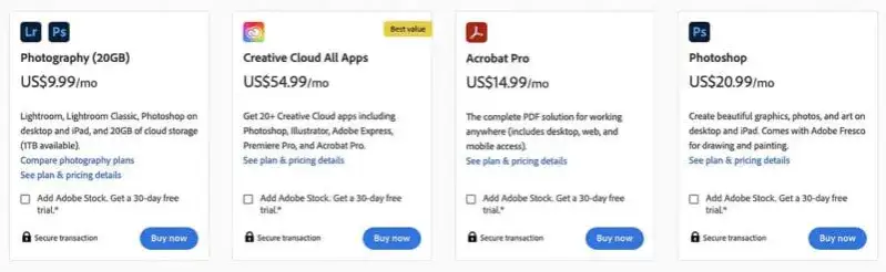 Adobe Photoshop pricing plans comparison
